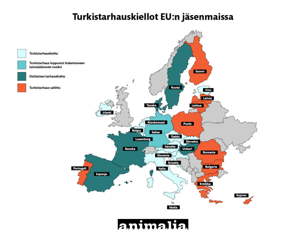 Kartta turkistarhauskielloista Euroopan unionissa. Kartta on avattu tarkemmin tekstissä.