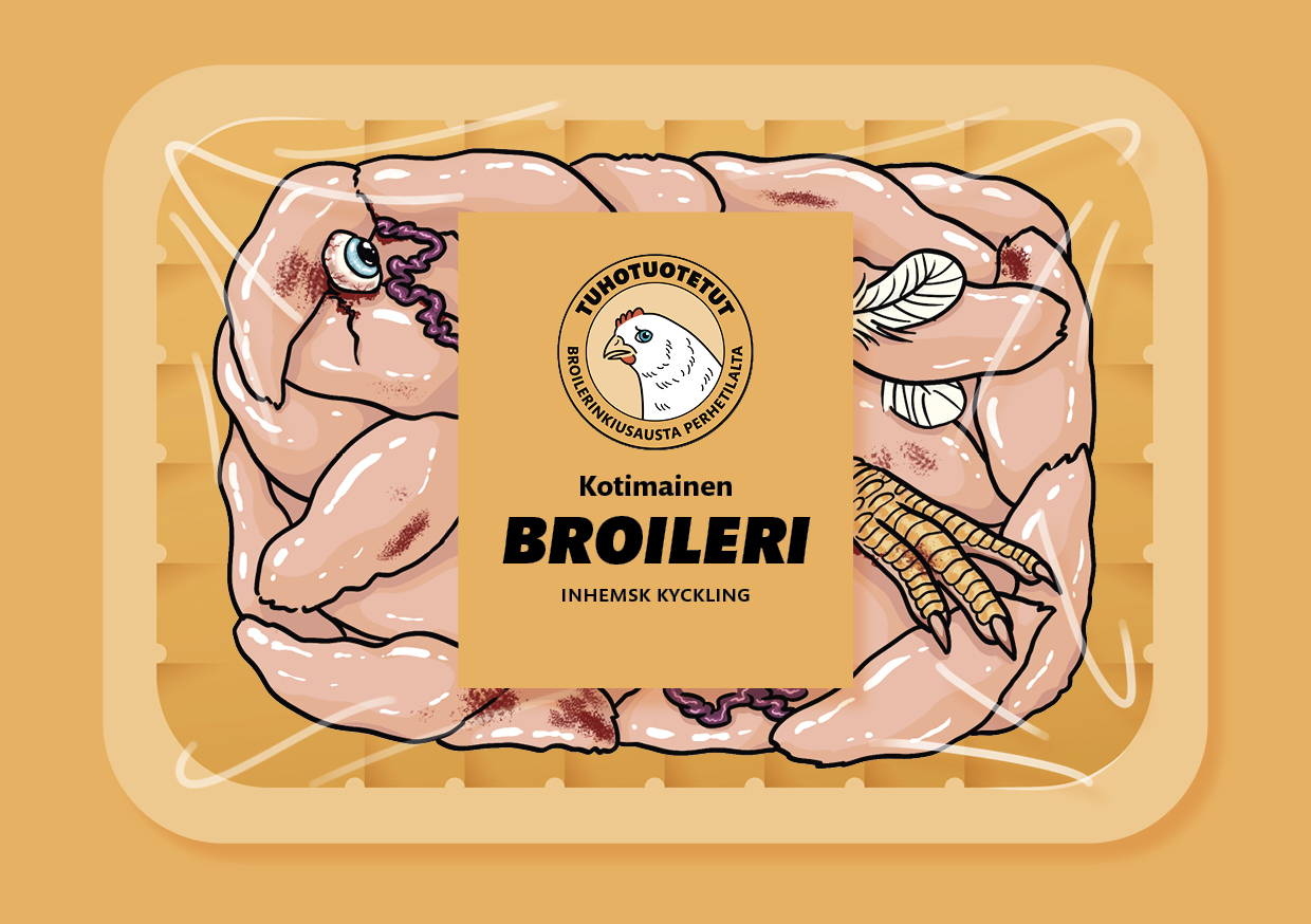 Kuvitettu broileripaketti, jossa näkyy broilerin osia, lihaa, silmä, jalka, höyhen ja verta. Paketin päällä lukee: Kotimainen broileri. 