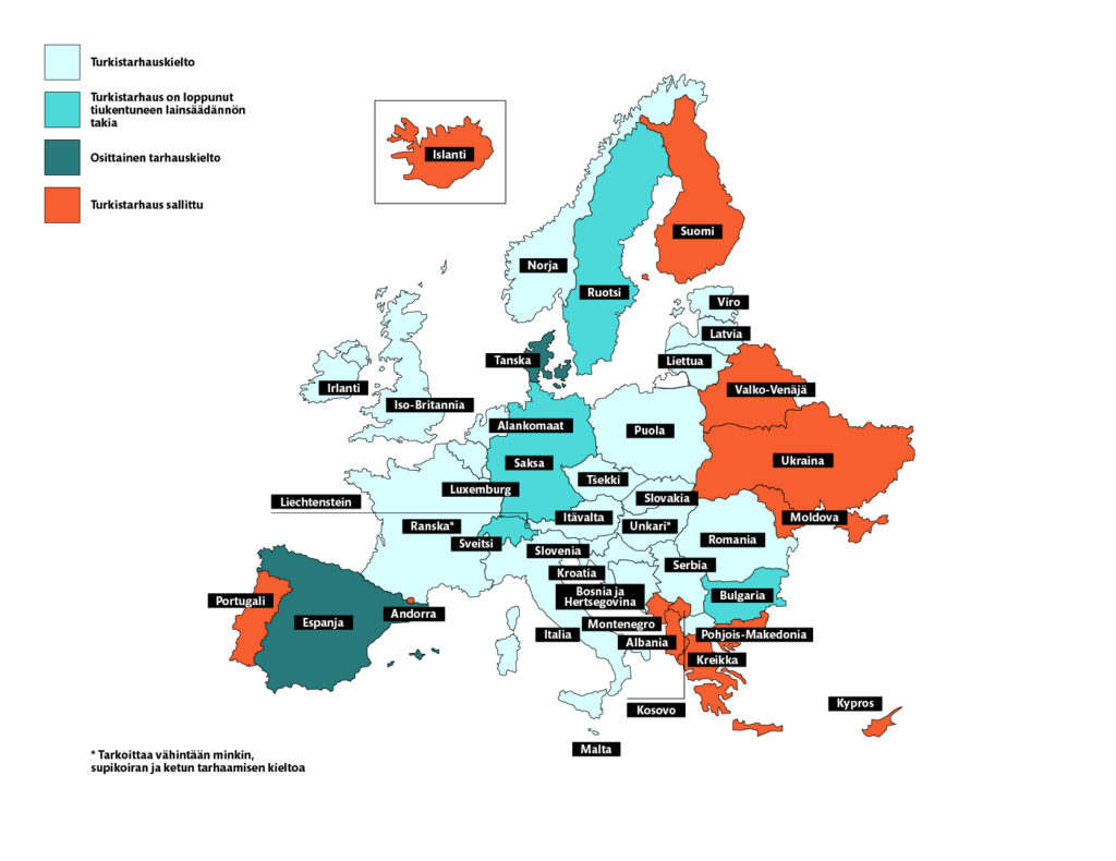 Turkistarhauskiellot ja lainsäädäntö Euroopassa 2026. Kartan tiedot on kerrottu ylläolevassa listauksessa.