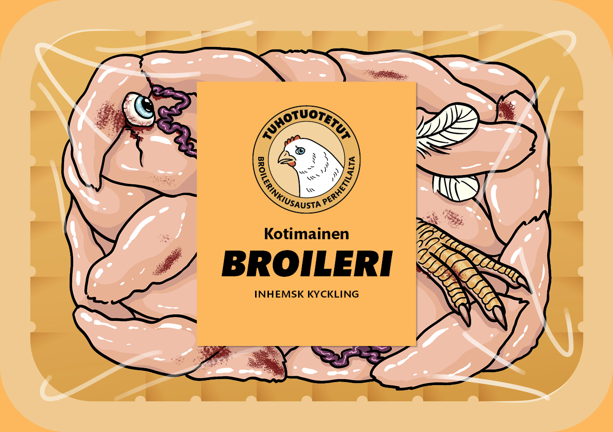 Kuvitettu keltaisen sävyinen broilerinlihapaketti, jossa näkyy broilerin lihankappaleita, höyheniä, verta, silmä ja jalka. 