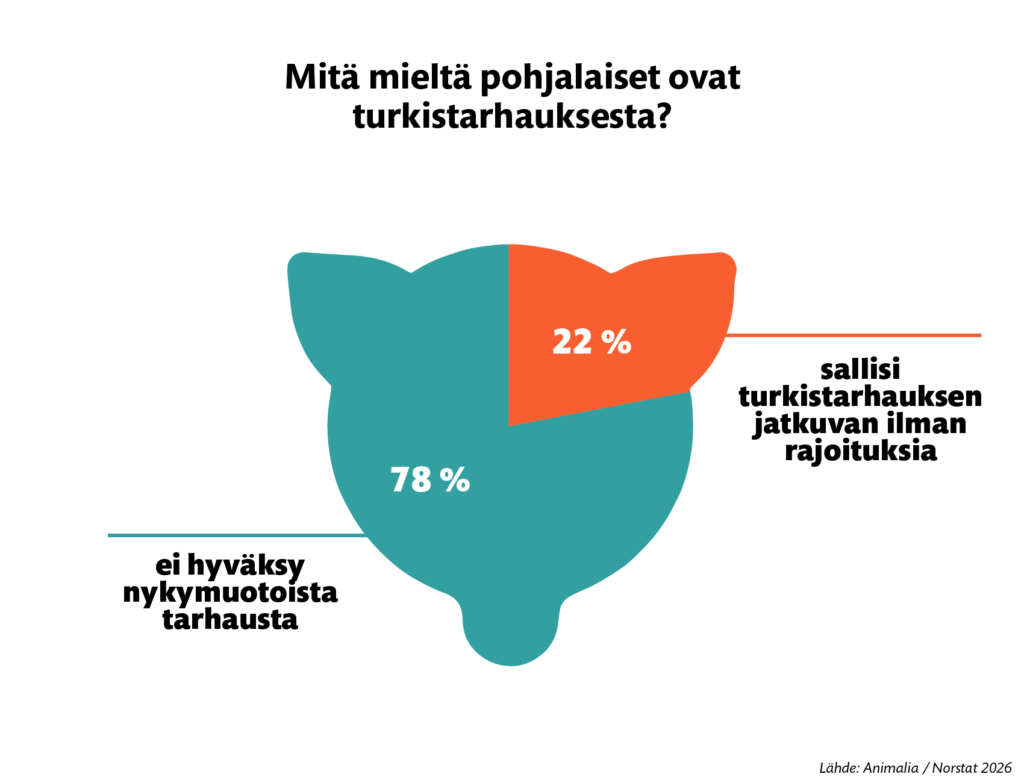Pohjalaisista 78 % vastustaa nykyisenkaltaista turkistarhausta. 22 % sallisi turkistarhauksen jatkuvan ilman muutoksia. 